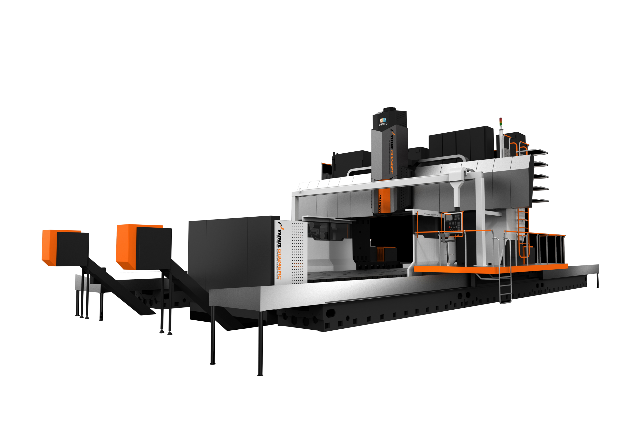 Grote CNC gantry freesmachine met beweegbare brug en oranje accenten op witte achtergrond